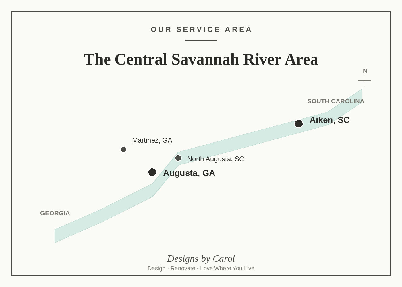 Map of the Central Savannah River Area showing Augusta, GA, Aiken, SC, North Augusta, and Martinez